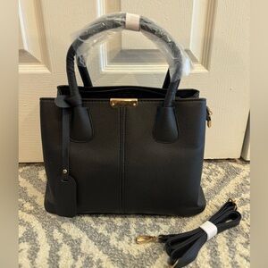 Women’s Black Structured Satchel Handbag Pebbled Leather Look w/ Crossbody Strap